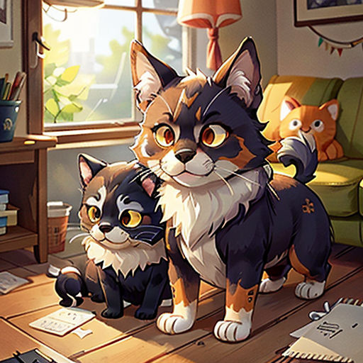 a cat and a kitten sitting on a table in a room with a couch and a lamp on the wall