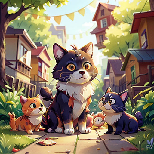 a cat sitting on a sidewalk surrounded by other cats and kittens in a neighborhood with trees and houses