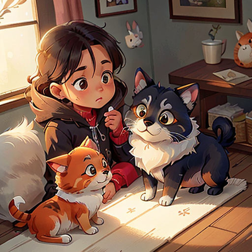 a girl sitting on a table with two cats and a dog in front of her and a cat sitting on the floor