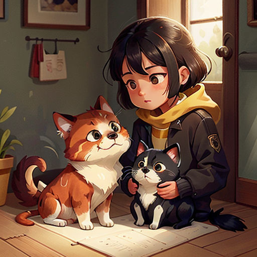 a girl is sitting on the floor with two cats and a cat is standing next to her on the floor