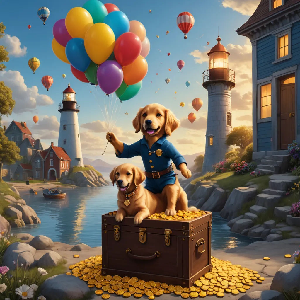 a dog sitting on a suitcase with a dog on top of it and a lighthouse in the background with balloons, american scene painting, a storybook illustration, Chris LaBrooy, highly detailed digital painting