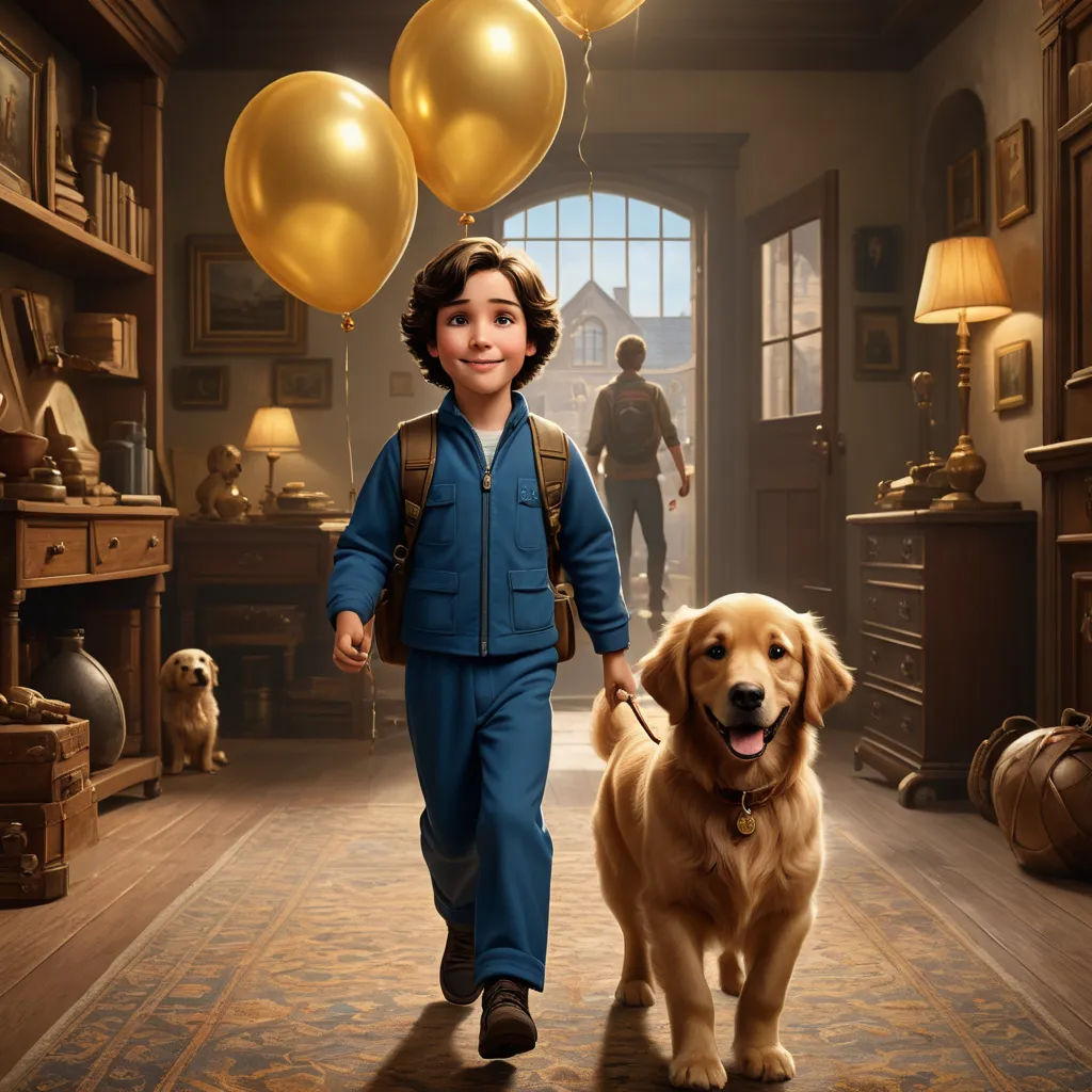 a boy walking a dog in a room with balloons on the ceiling and a man in a blue shirt, magical realism, poster art, Felix-Kelly, promotional image