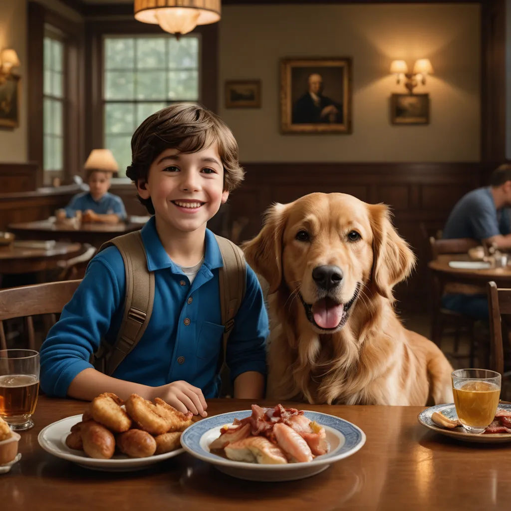 a boy and his dog are sitting at a table with food and drinks in front of them, and a dog is looking at the camera, american barbizon school, a stock photo, Bob Byerley, promotional image
