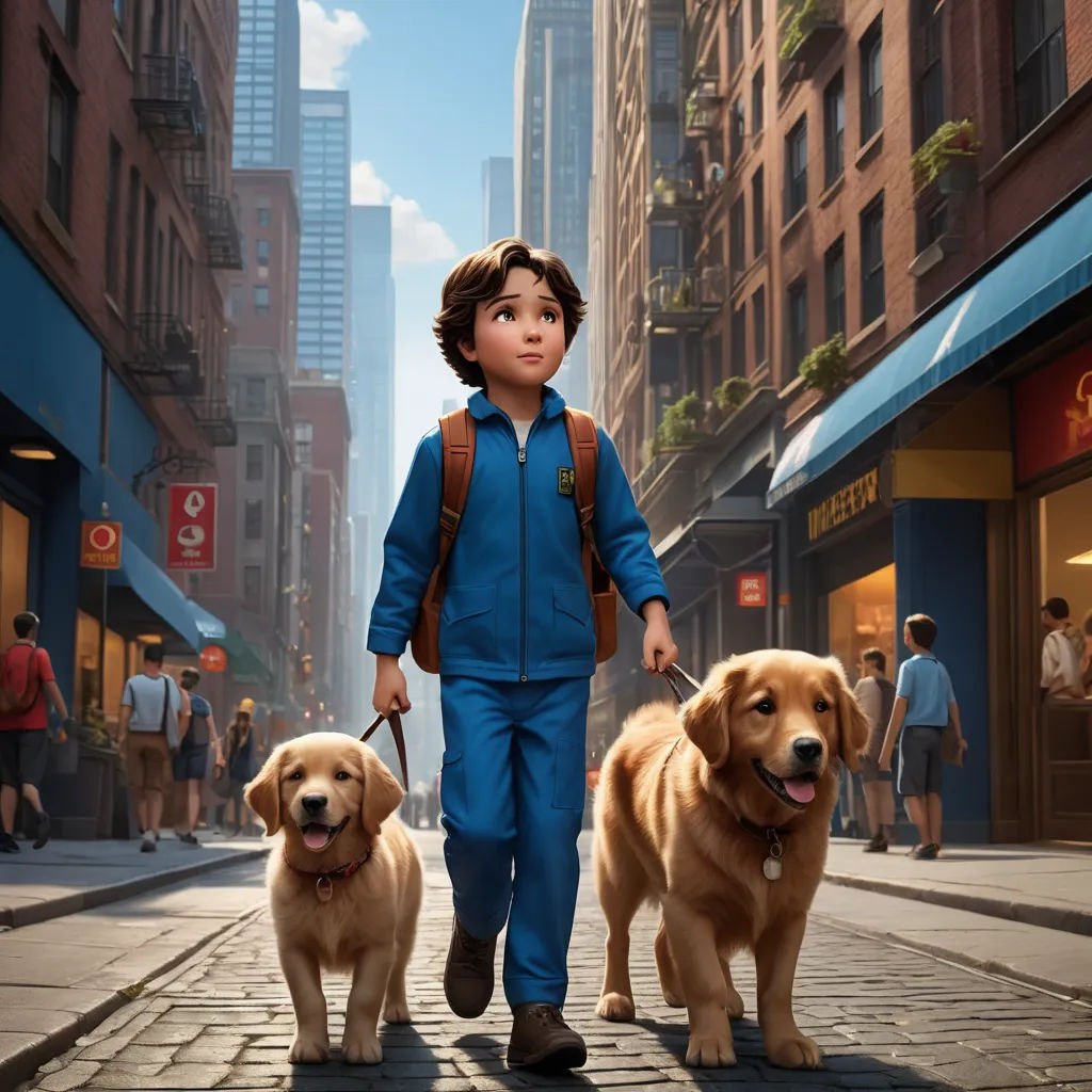 a boy walking two dogs down a city street in the middle of the day with a backpack on his shoulder, furry art, a poster, disney, promotional image