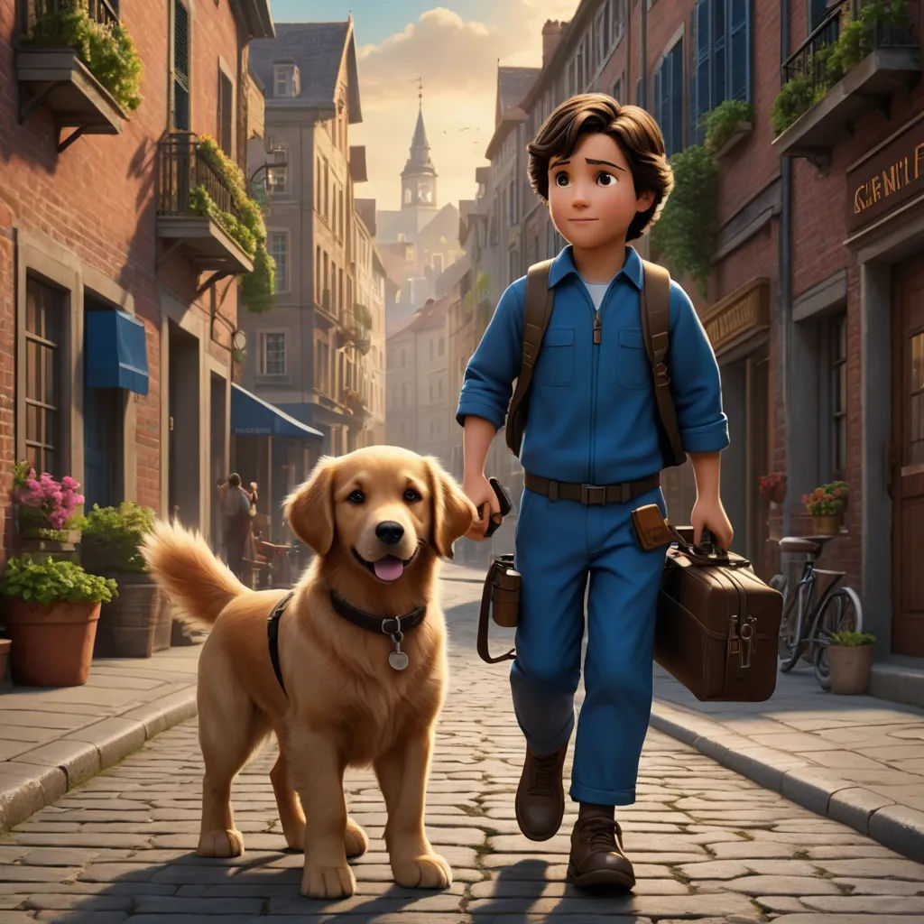 a boy and a dog walking down a street in a cartoon style scene from the movie the secret life of walter, furry art, a poster, Charles Fremont Conner, promotional image