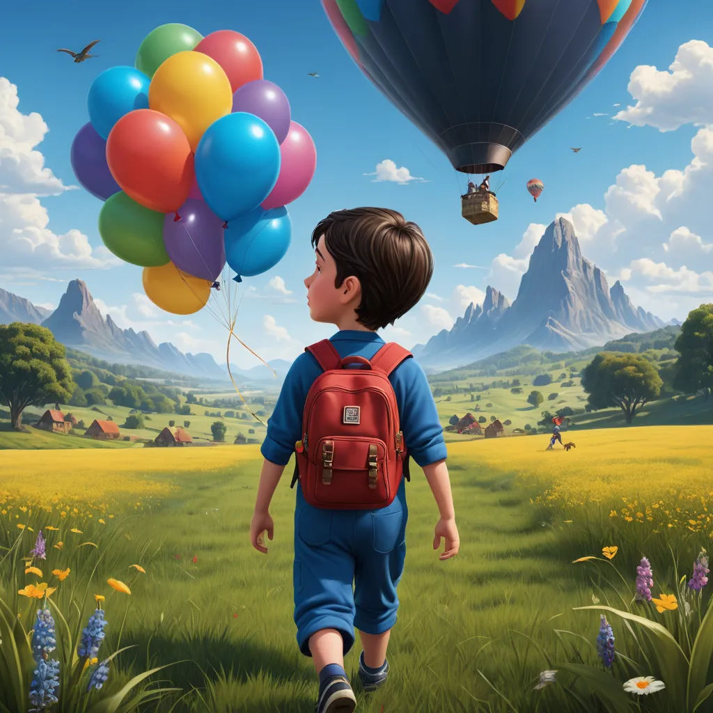 a boy with a backpack and balloons in a field of flowers and mountains in the background, with a bird flying over him, fantastic realism, an ultrafine detailed painting, Aaron Jasinski, highly detailed digital painting