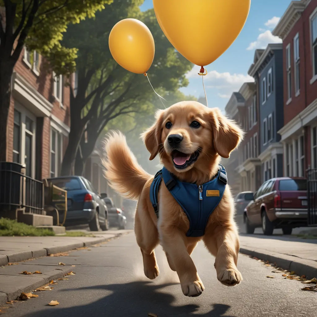 a dog is running down the street with balloons in its mouth and a blue vest on his back and a yellow balloon in the air, photorealism, a stock photo, Chris LaBrooy, promotional image