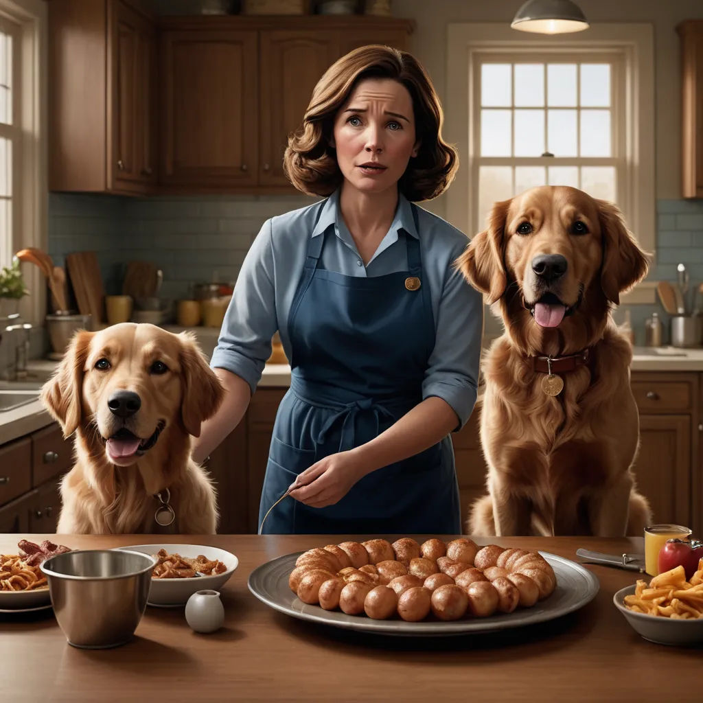 a woman standing in front of a table with two dogs and a plate of food on it with a plate of hot dogs, american realism, a hyperrealistic painting, Chris LaBrooy, promotional image