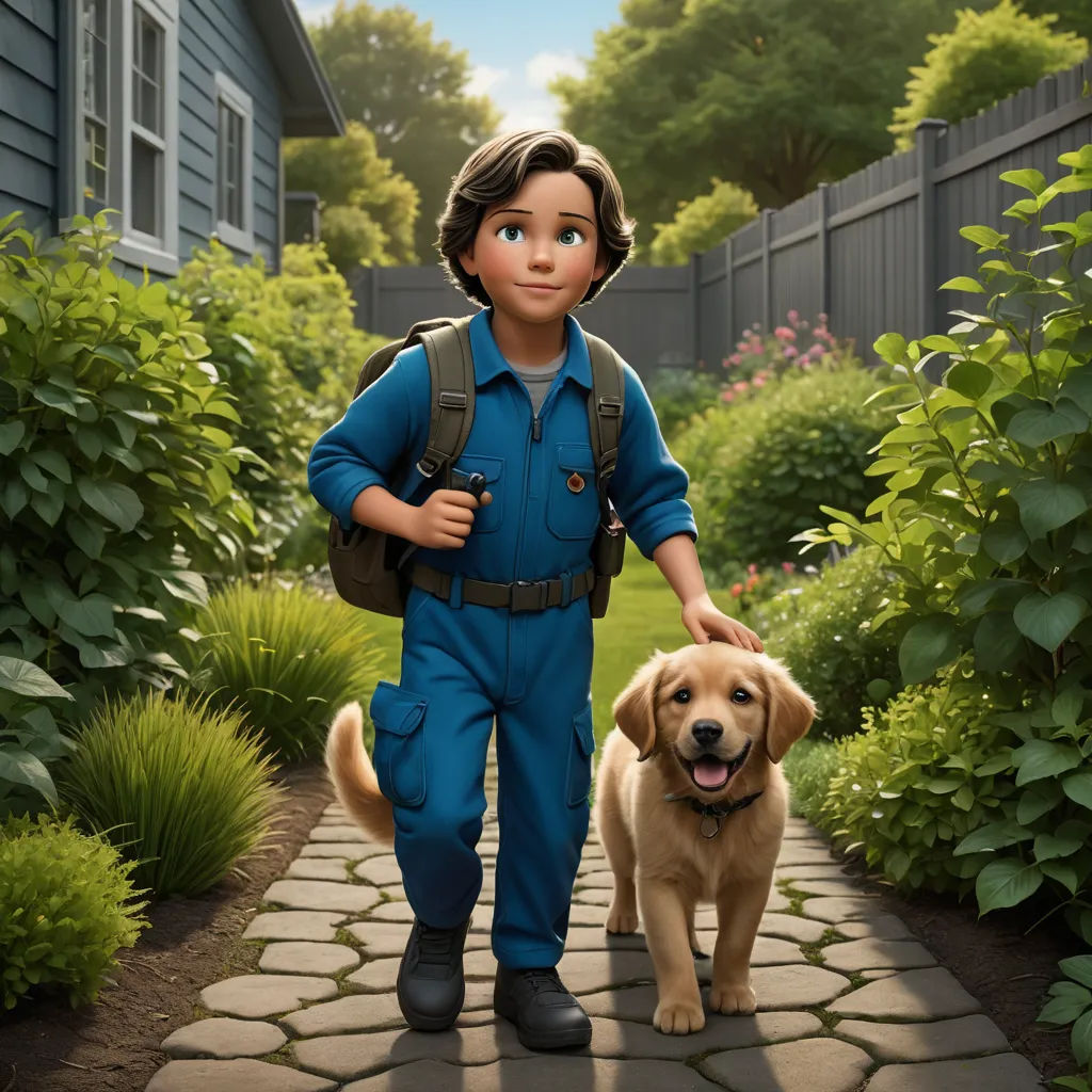 a boy in a blue jumpsuit walking a dog on a path in a garden with a fence and bushes, furry art, a character portrait, David Budd, promotional image