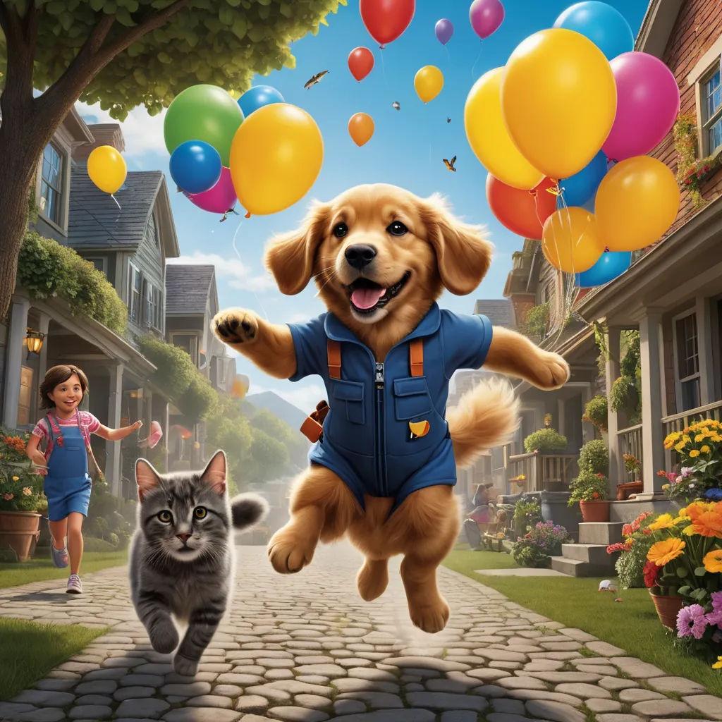 a dog and a cat are running down a street with balloons in the air and a cat is running towards them, sots art, poster art, Chris LaBrooy, key art