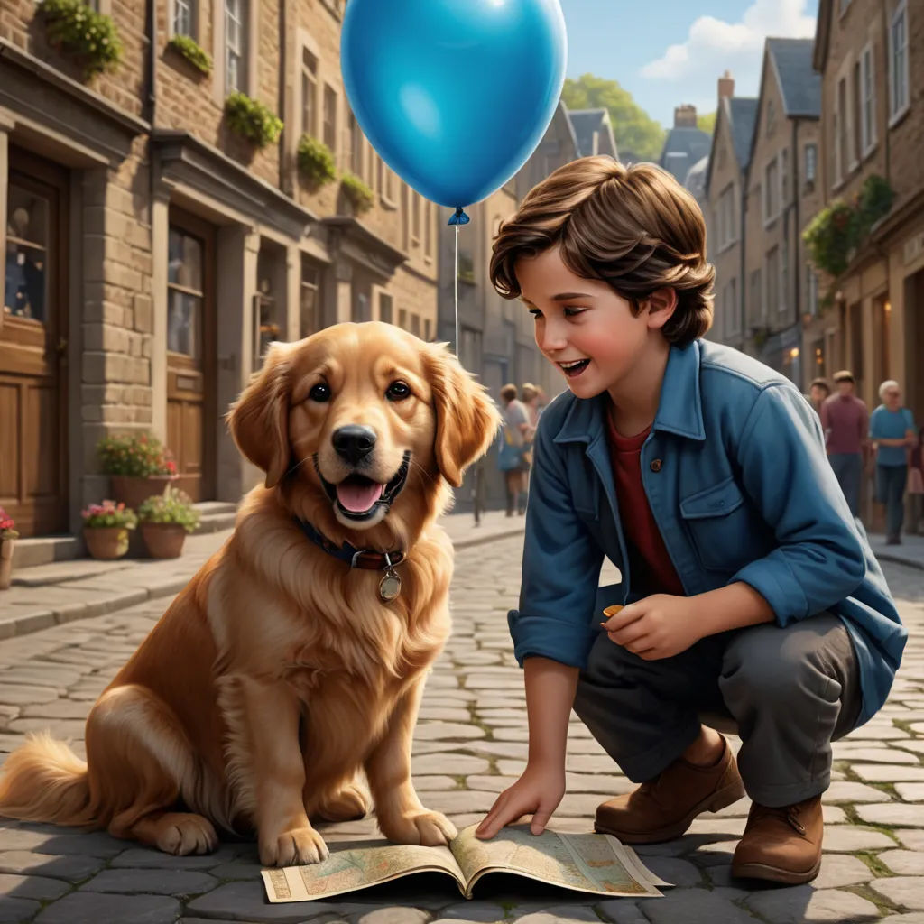a boy and a dog are looking at a book with a balloon attached to it, while a boy is holding a book, american scene painting, a storybook illustration, Bob Byerley, promotional image