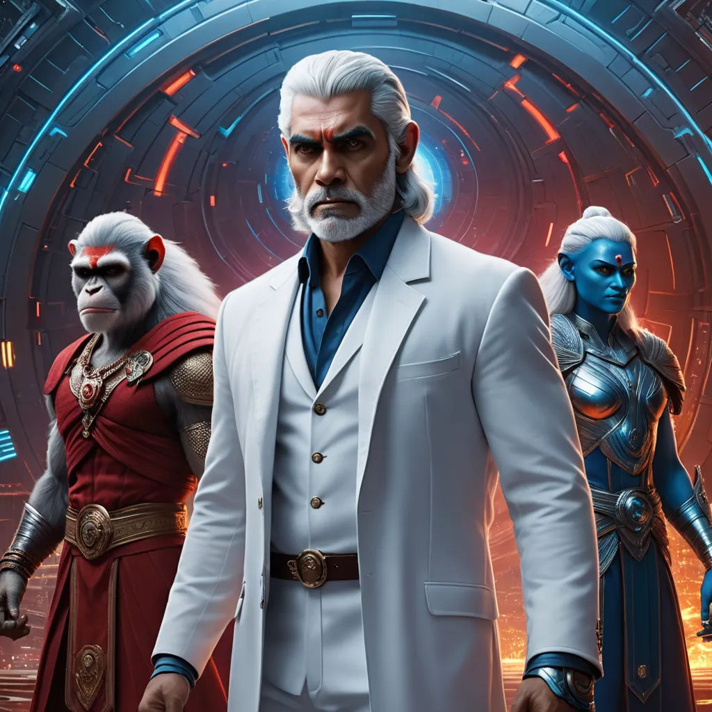 a man in a white suit and two other men in red and blue outfits standing in front of a sci - fi tunnel, samikshavad, concept art, Edward George Handel Lucas, key art