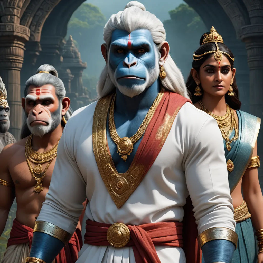 a group of men in costume standing next to each other in front of a building with a statue of a monkey, bengal school of art, computer graphics, Bholekar Srihari, unreal engine 5 highly rendered