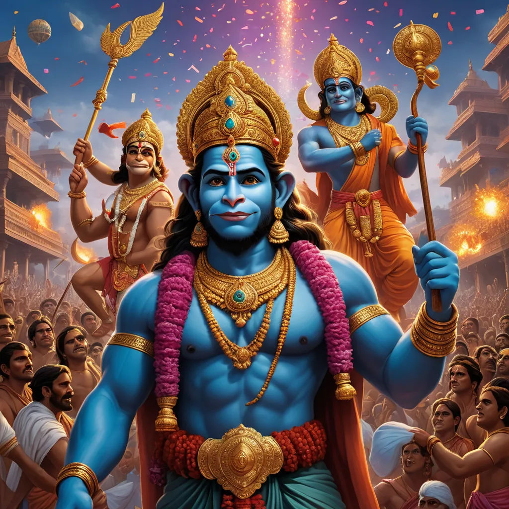 a painting of a god with two other gods in the background and confetti falling from his hands, samikshavad, a detailed painting, Bholekar Srihari, highly detailed digital painting