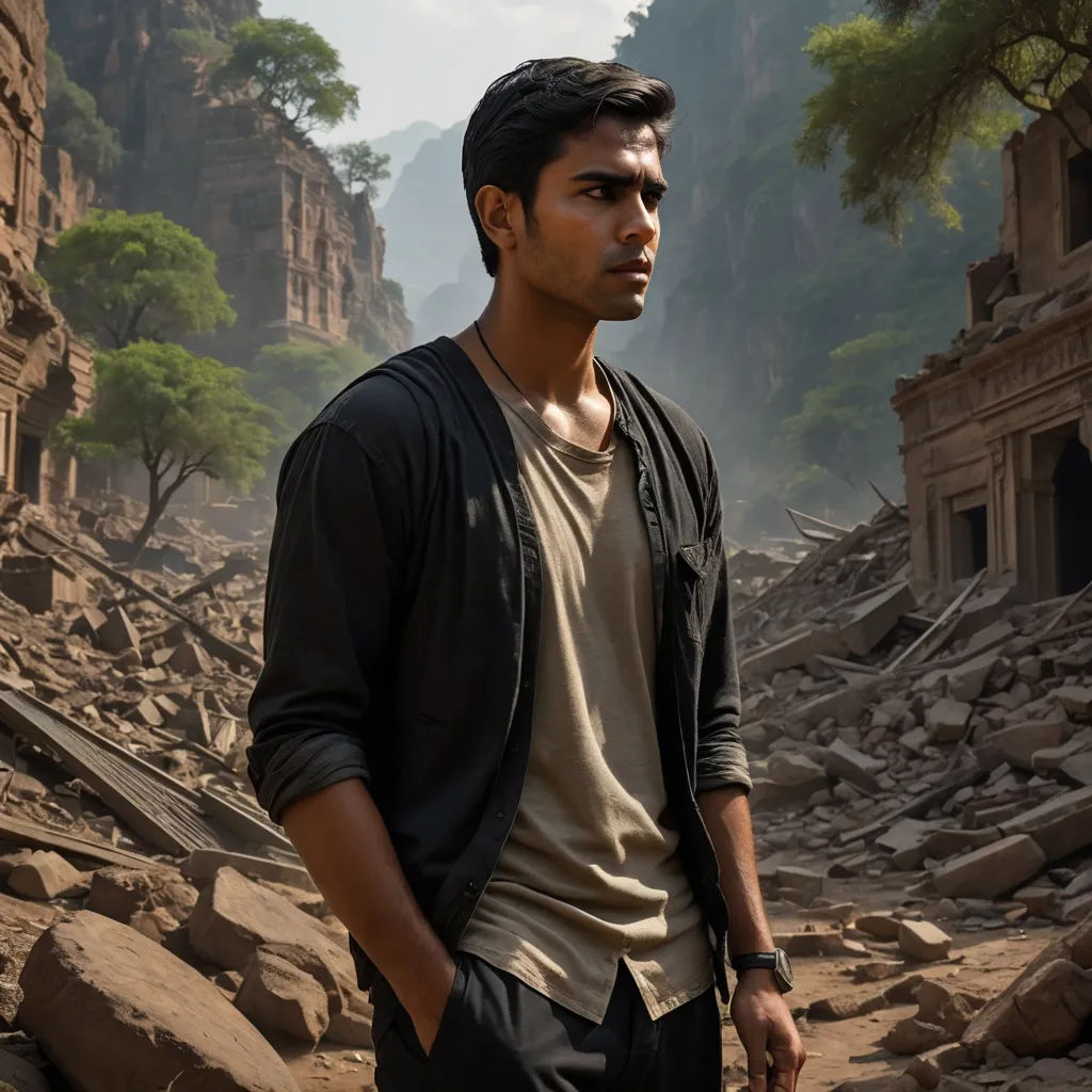 a man standing in a rocky area with a mountain in the background and a building in the foreground, samikshavad, a detailed matte painting, David Park, jayison devadas