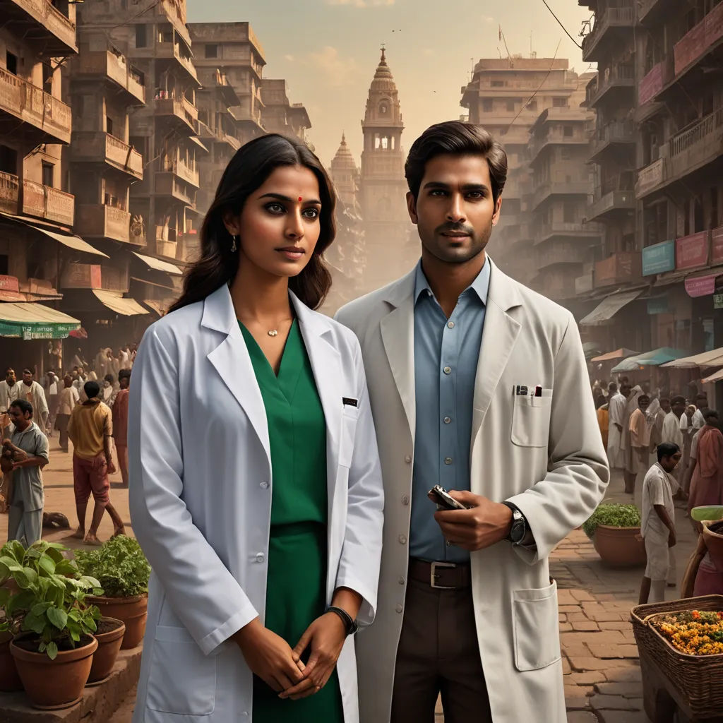 a man and woman standing in a busy city street with a cityscape in the background and a man in a white coat and a green shirt, samikshavad, a poster, Bhupen Khakhar, promotional image