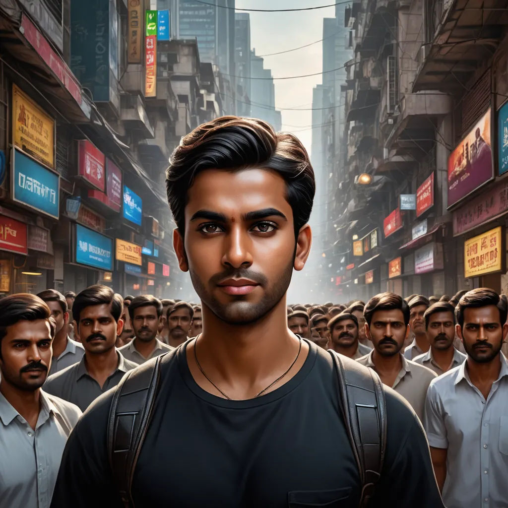 a man standing in front of a crowd of people in a city street with a cityscape in the background, samikshavad, a character portrait, Chris LaBrooy, jayison devadas