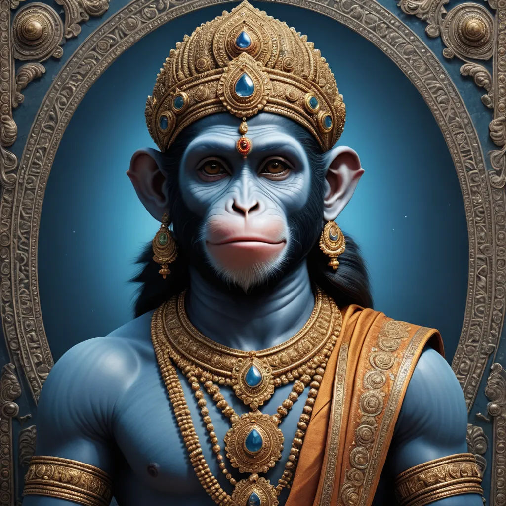 a monkey dressed in a golden outfit with a blue background and a gold frame around it's neck, samikshavad, a digital painting, Bapu, highly detailed digital painting