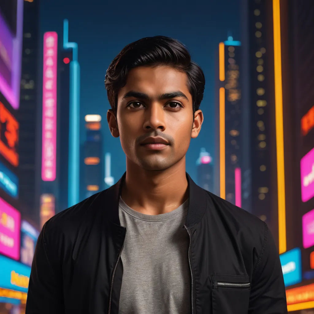 a man standing in front of a city at night with neon lights on the buildings behind him and a cityscape in the background, samikshavad, a character portrait, Chris LaBrooy, affinity photo
