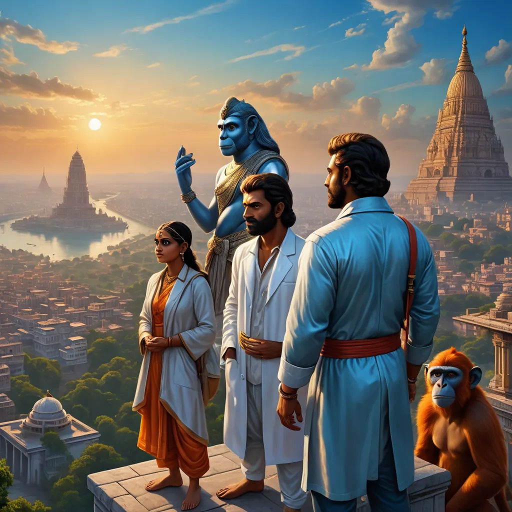 a painting of a group of people standing on a ledge with a view of a city and a statue of a god, fantasy art, a detailed matte painting, Christophe Vacher, official art