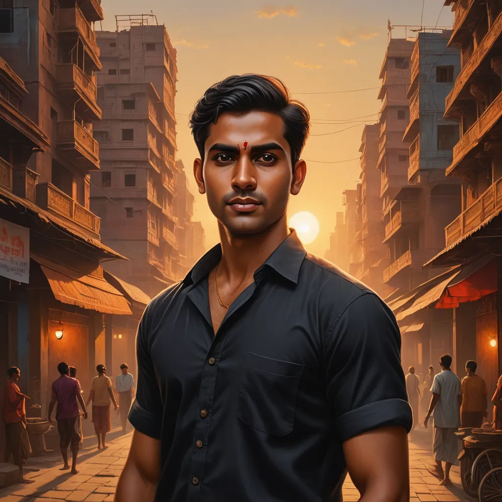 a man standing in a street with a sunset in the background and buildings in the background, with a man in a black shirt and a black shirt, samikshavad, a character portrait, Bholekar Srihari, highly detailed digital painting