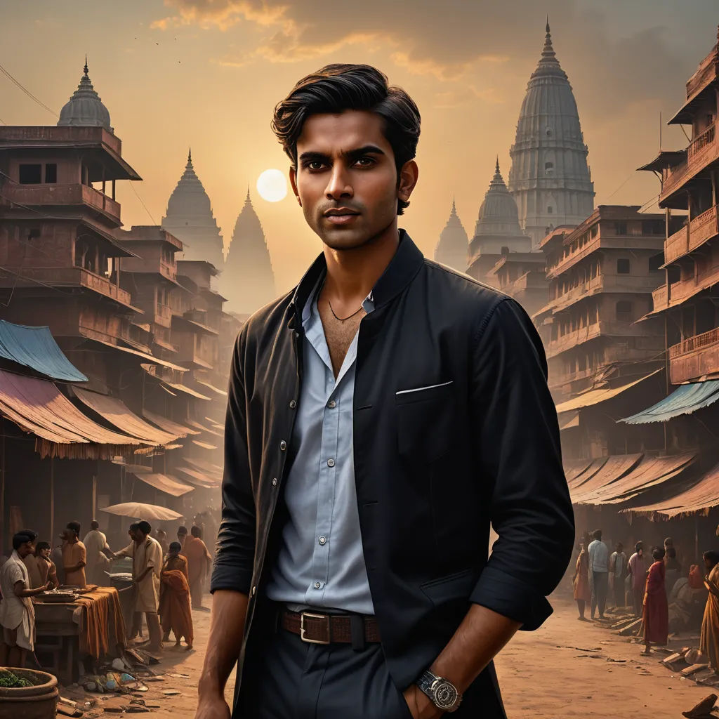a man standing in front of a city with a sunset in the background and a sky with clouds and buildings, samikshavad, a detailed matte painting, Bikash Bhattacharjee, promotional image