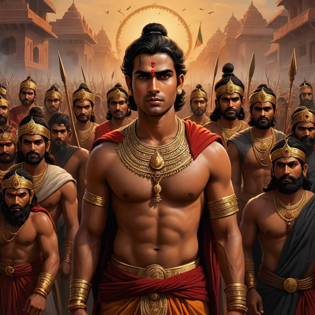 a painting of a man surrounded by other men in ancient costumes and headdress, with a golden crown on his head, samikshavad, a detailed matte painting, Bholekar Srihari, highly detailed digital painting