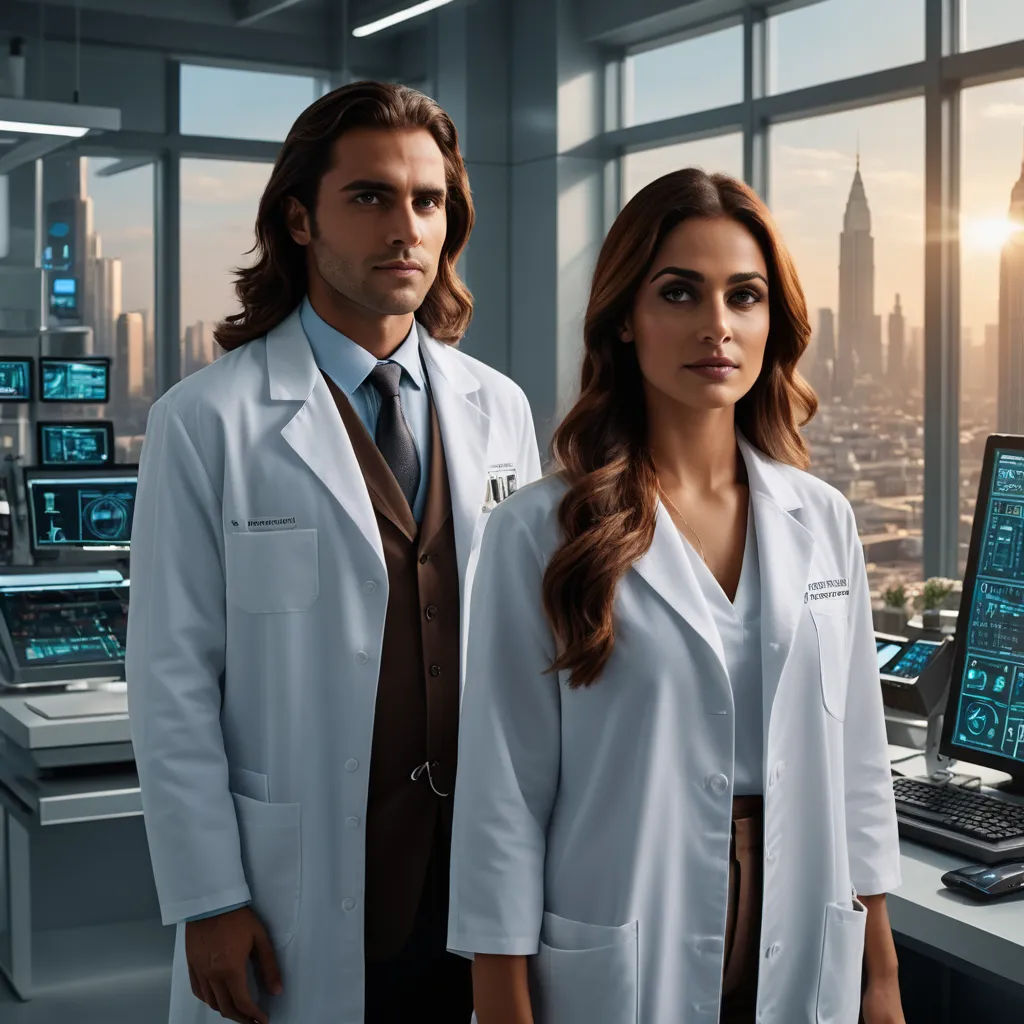 a man and a woman in white lab coats standing in front of a computer screen with a city view, international gothic, a computer rendering, Dr. Atl, promotional image