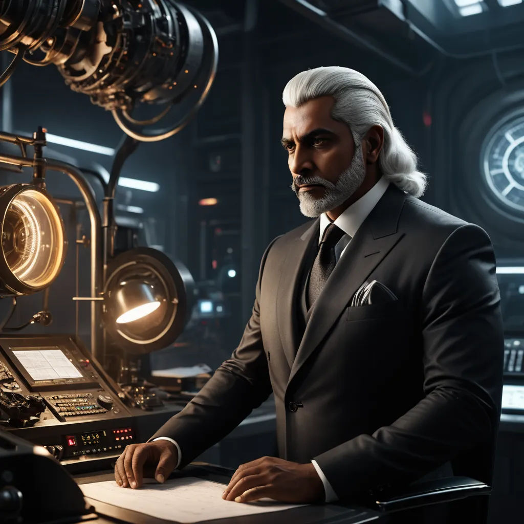 a man in a suit and tie sitting at a desk in a sci - fi setting with a machine, private press, a character portrait, Edmond Xavier Kapp, star citizen halo