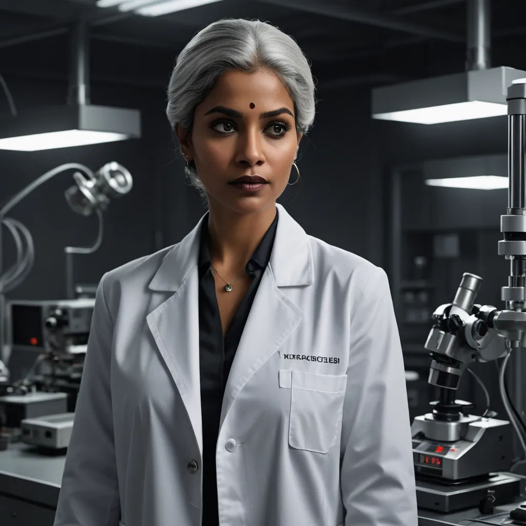 a woman in a lab coat standing in front of a microscope and a microscope light in a dark room, samikshavad, a character portrait, Doc Hammer, promotional image
