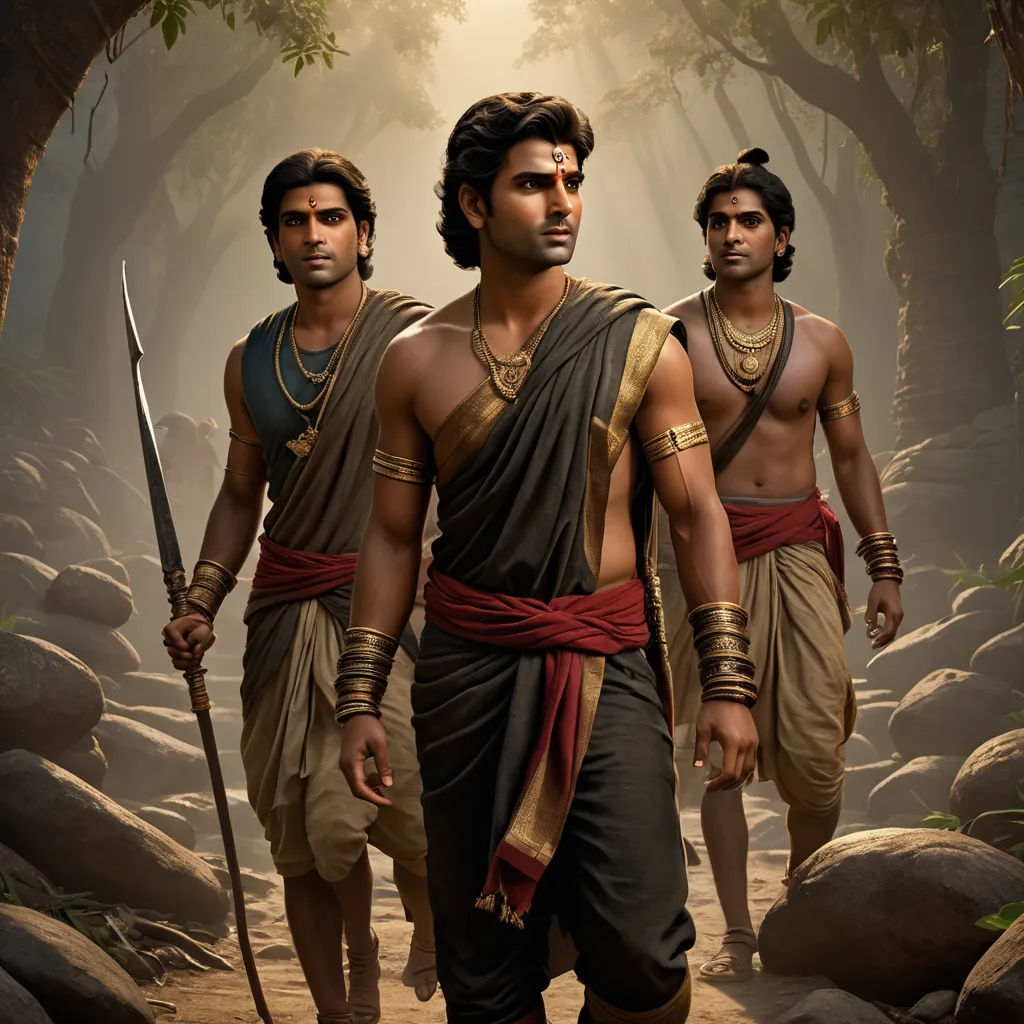 two men in ancient clothing walking through a forest with a sword in hand and a man with a spear in his hand, samikshavad, a detailed matte painting, Anthony Devas, promotional image