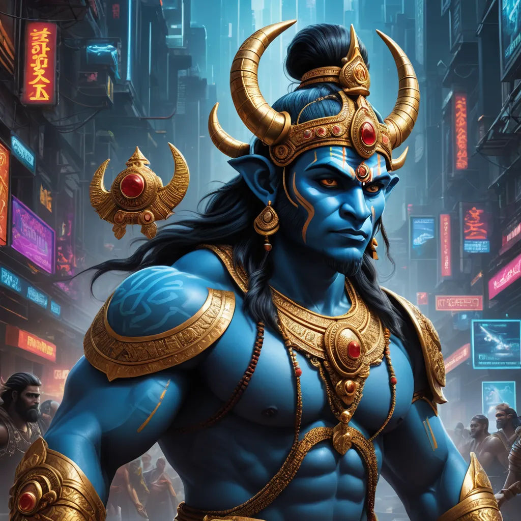 a blue man with horns and a blue outfit in a city street with neon signs and buildings in the background, fantasy art, cyberpunk art, Art of Brom, magic the gathering artwork