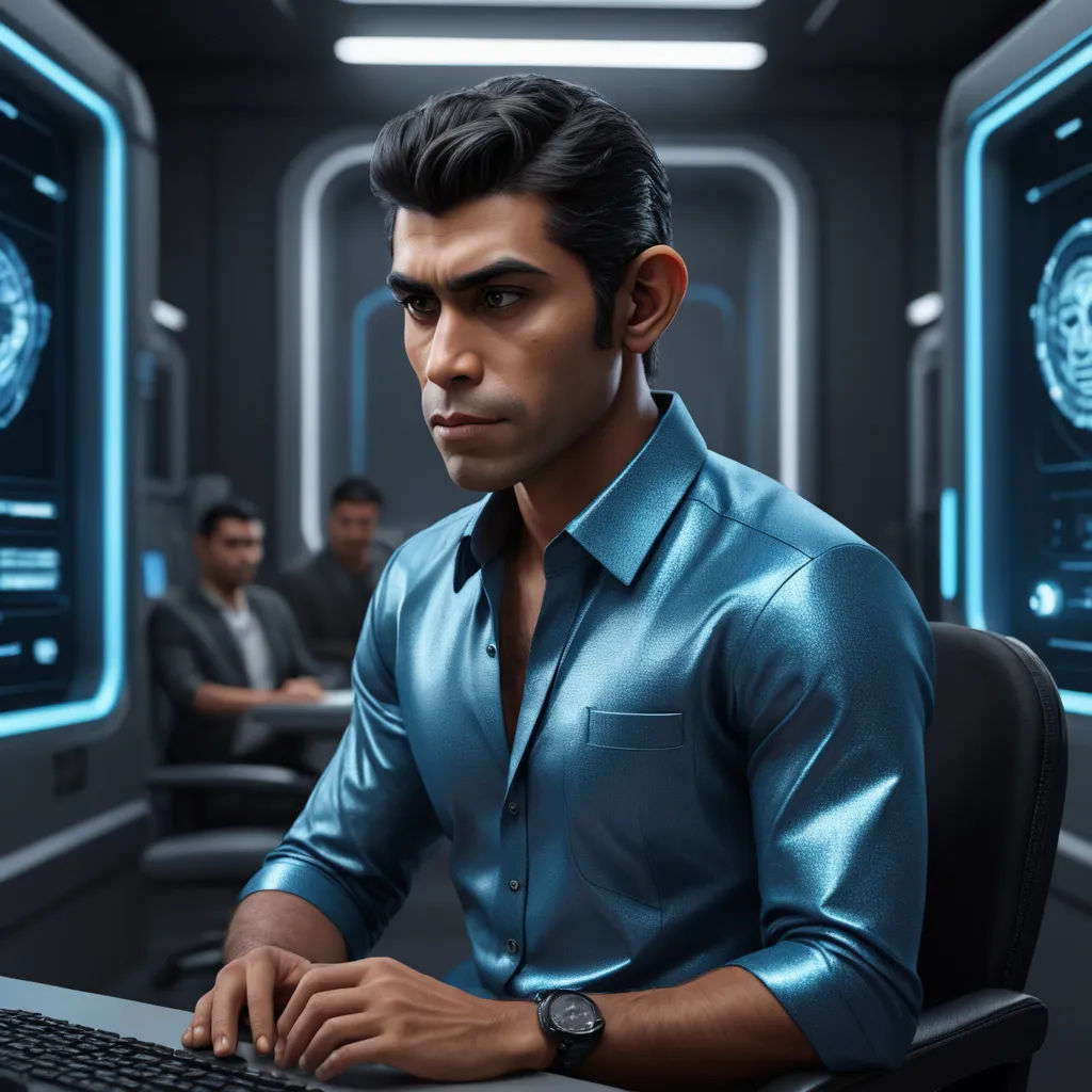 a man sitting at a computer in a room with a monitor and a keyboard in front of him and a man in the background, samikshavad, a computer rendering, Eddie Mendoza, unreal 5 render
