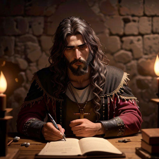 a man in a medieval costume writing on a book with candles around him and a cross on the table