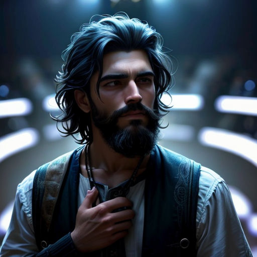 a man with a beard and a vest standing in a room with rows of seats and lights on the ceiling