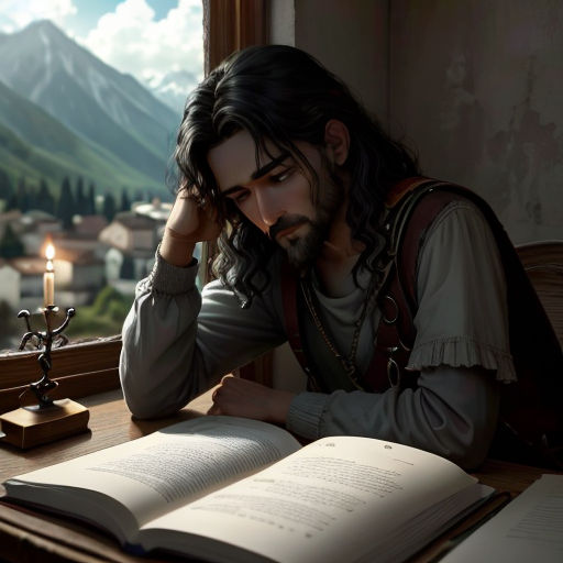 a man sitting at a table with an open book in front of him and a candle in the background