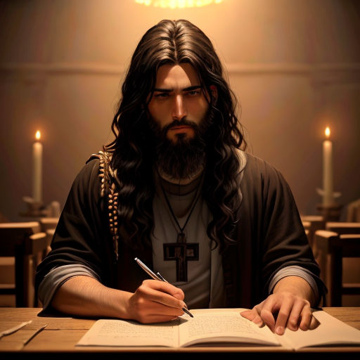 a man with long hair and a beard sitting at a table writing in a book with a cross on it