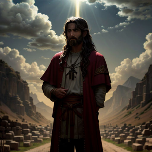 a man in a red robe standing on a road with clouds above him and a sky background with a sun