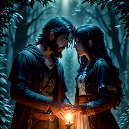 a couple standing in the woods holding a lantern in their hands, with a forest background and a light shining through the trees