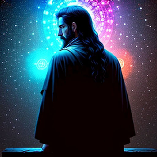 a man with long hair and a beard standing in front of a colorful background with stars and a light
