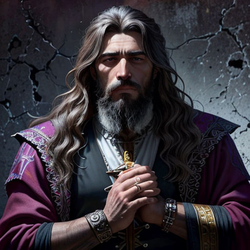 a man with long hair and a beard wearing a purple robe and holding a cross in his hands with a cracked wall behind him