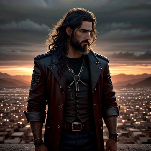 a man with long hair and a beard standing in front of a cityscape with a sunset in the background