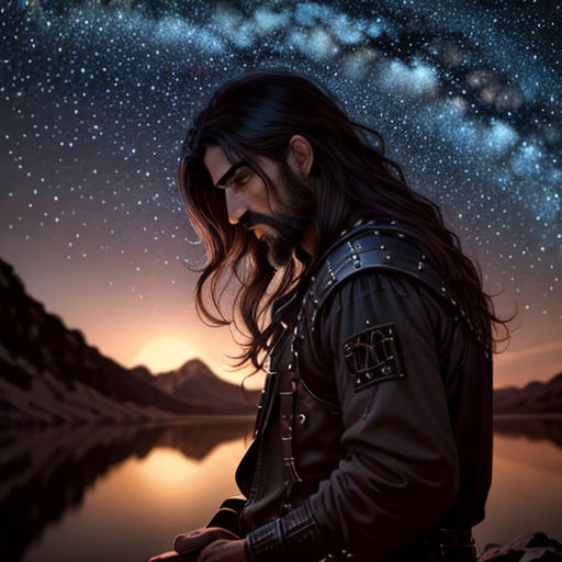 a man with long hair and a beard standing in front of a lake under a night sky with stars