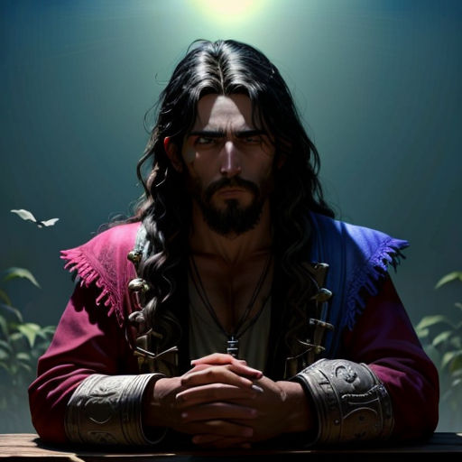 a man with long hair and a beard sitting at a table with his hands folded in front of him