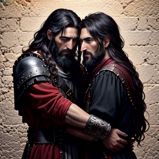 two men in medieval clothing hugging each other in front of a stone wall with a light above them and a brick wall behind them