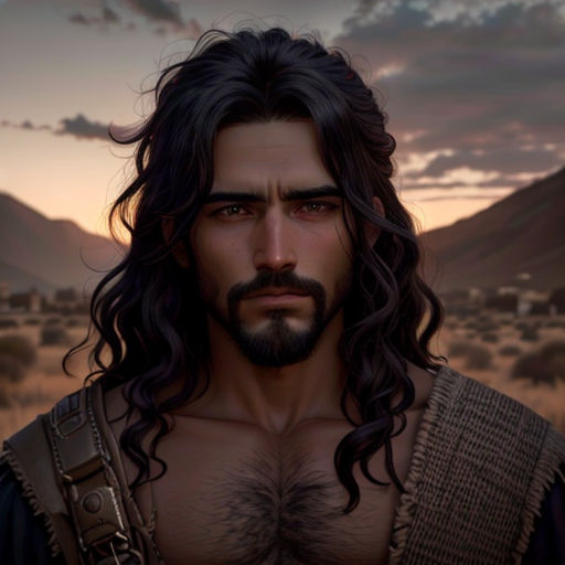 a man with long hair and a beard in a desert setting with mountains in the background and a sky with clouds