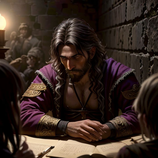 a man sitting at a table with a book in front of him and two other people standing around him