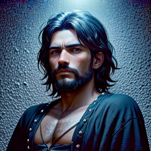 a man with long hair and a beard wearing a black shirt and a black shirt with a light on his head