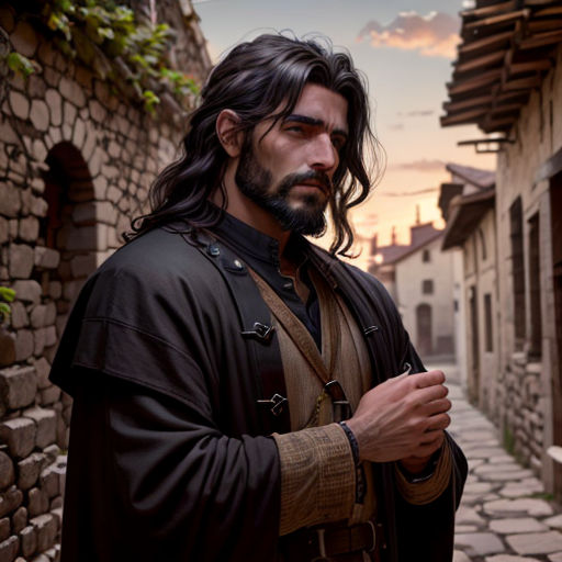 a man with a beard and a black robe on a street with a stone wall and a cobblestone street