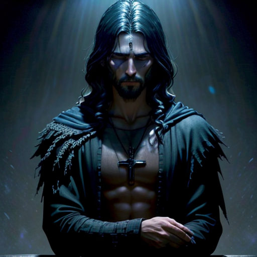 a man with a cross on his chest and a cross on his chest, in a dark room with light coming from behind him